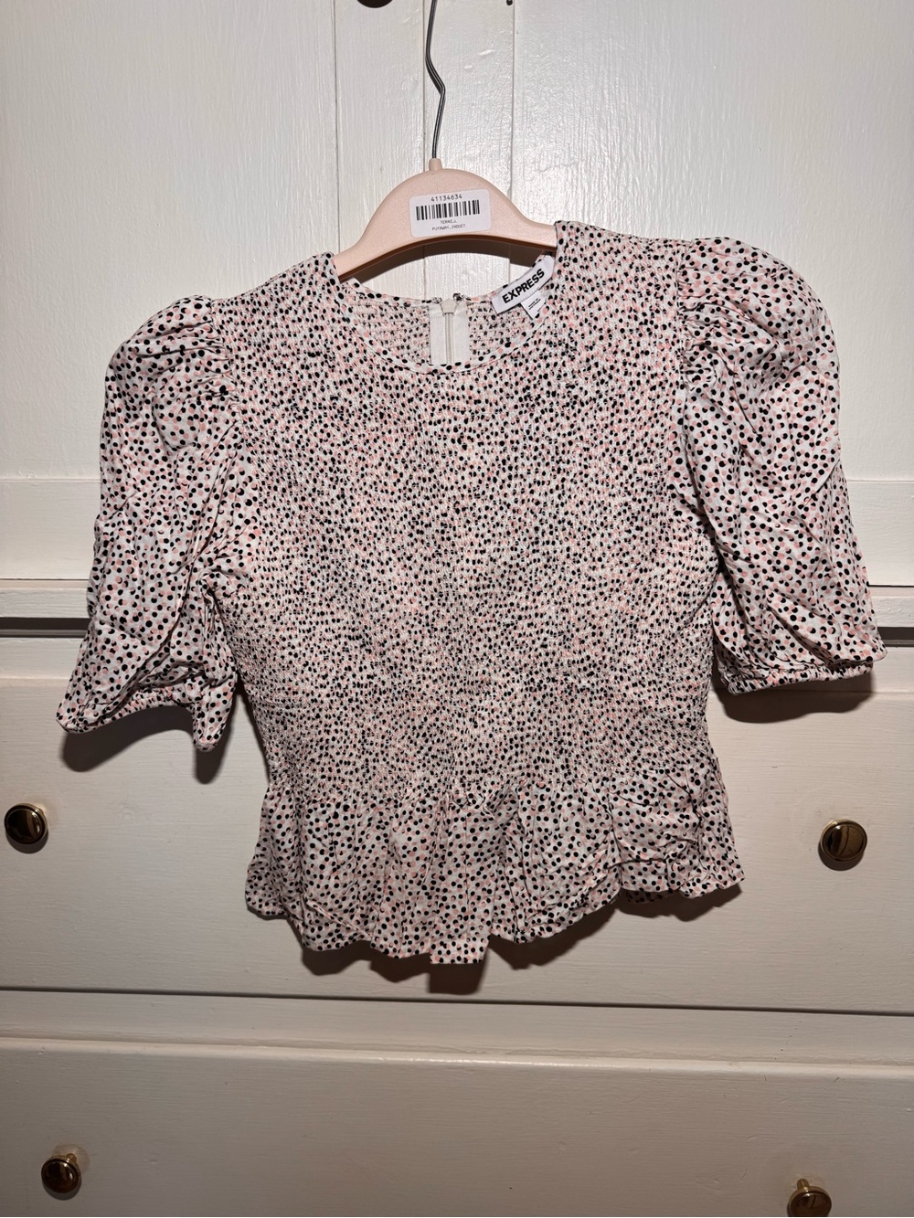 Express Pink and Black Dot Peplum Puff-Sleeve Blouse